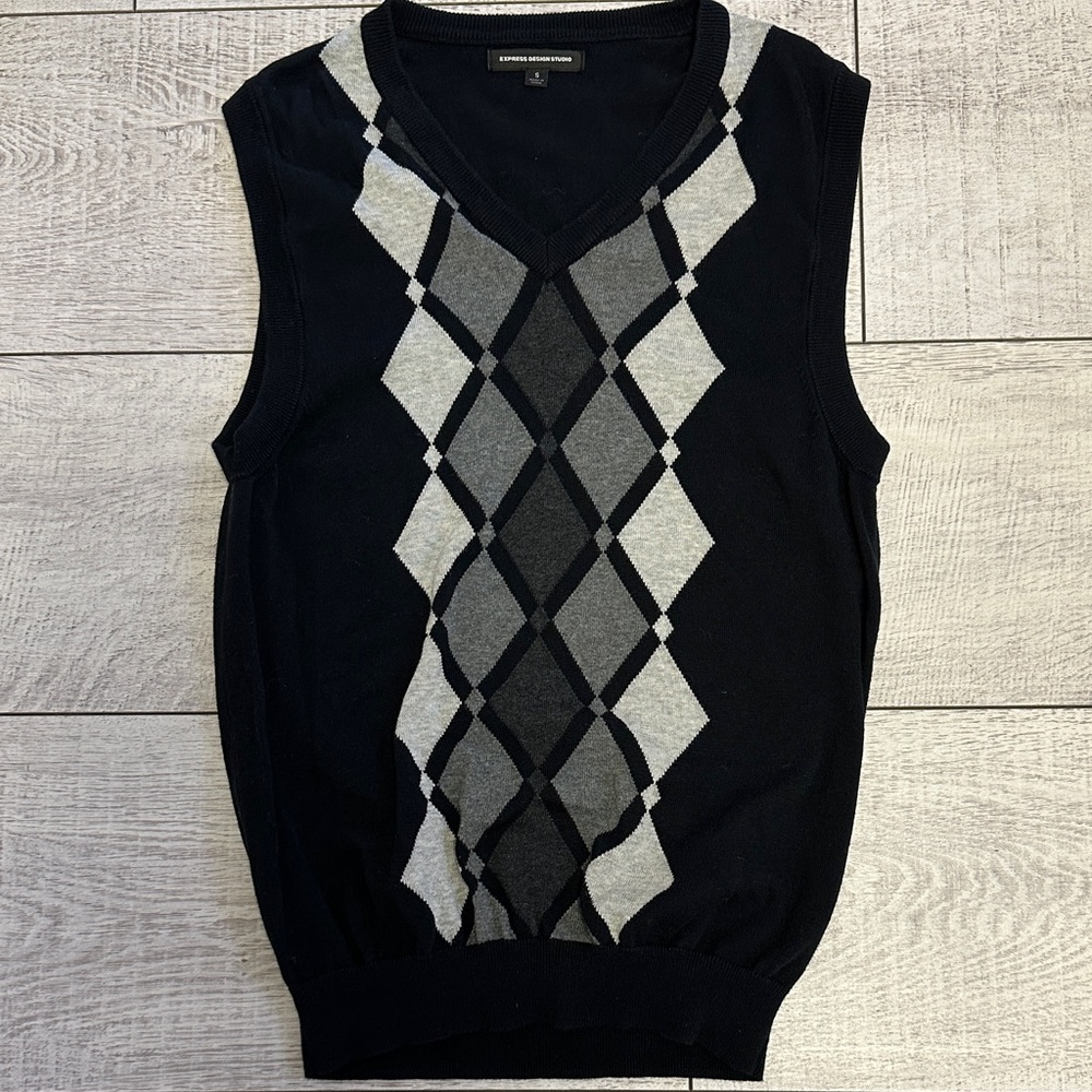 Express Black and Gray V-Neck Sweater Vest